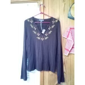 Metric New York L Women's Brown Metallic Beaded Accents Long Sleeve Shirt